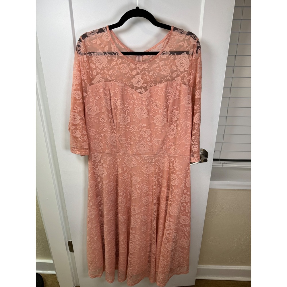 Dressystar Pink Lace Dress 3XL 3/4 Sleeve A-Line Midi Wedding Guest Coquette NWT
